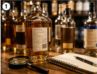 Close-up of alcohol bottle labels showing ABV, volume, origin, and category details on a bar counter.