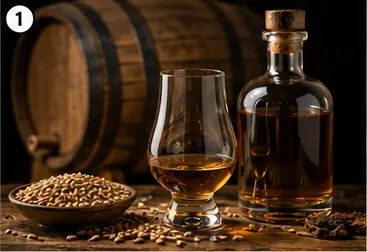 Indian single malt whisky glasses and oak casks in a warm tasting-room setting.
