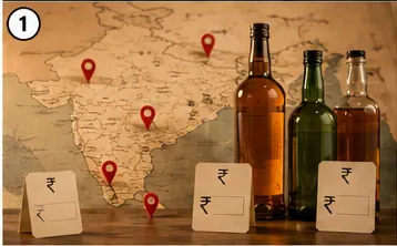 Map-style bar counter scene comparing alcohol prices across Indian cities.