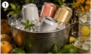 Unbranded ready-to-drink cocktail cans and glasses with citrus and ice on a party table.